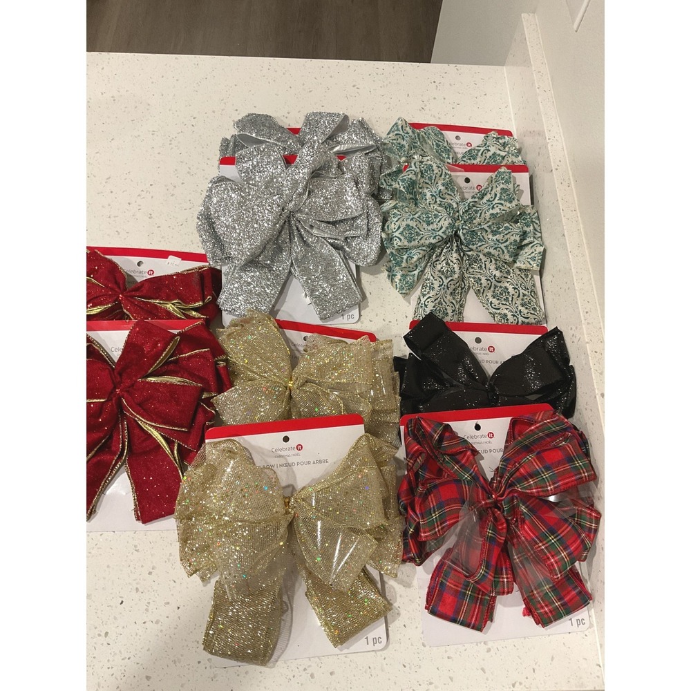 Lot of 10 Christmas Tree Bows Wreath Gift Gold Silver Plaid Glitter NEW Holiday